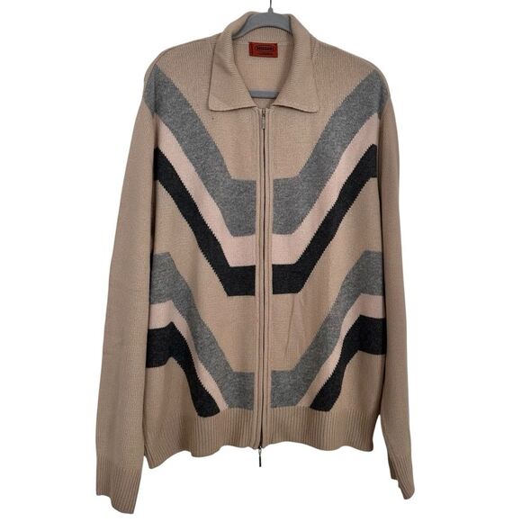 Missoni Men’s Cashmere Chevron Zig Zag Zip Cardigan Sweater Tan Size 54 XXL - Picture 1 of 12